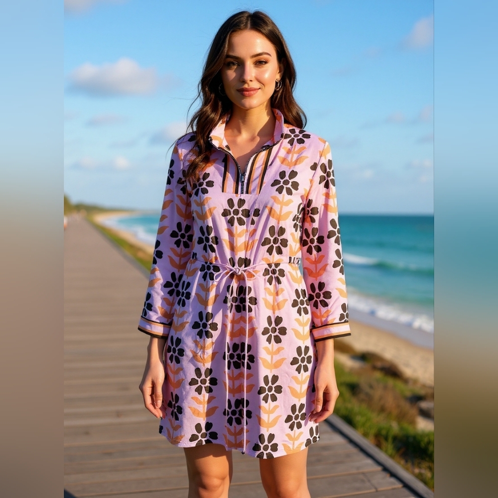 Lovesoft Pink Floral Print Zip Neck Striped Long Sleeve Drawatring Dress Sz S